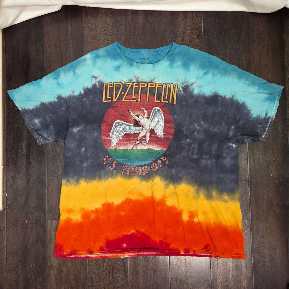 Led Zeppelin Mens Tie Dye US Tour 1975 Short Sleeve T Shirt Size 2XL Hippie Boho